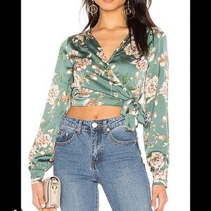 Superdown Deep V Wrap Top Teal Floral